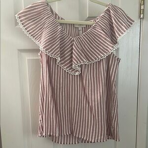 Loft Red Flutter Sleeve Blouse with Ruffled Bib Collar